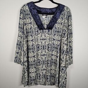 Cocomo Jersey Velvet Size 3X Top Paisley 3/4 Flowy Cold‎ Shoulder Sleeve V-Neck